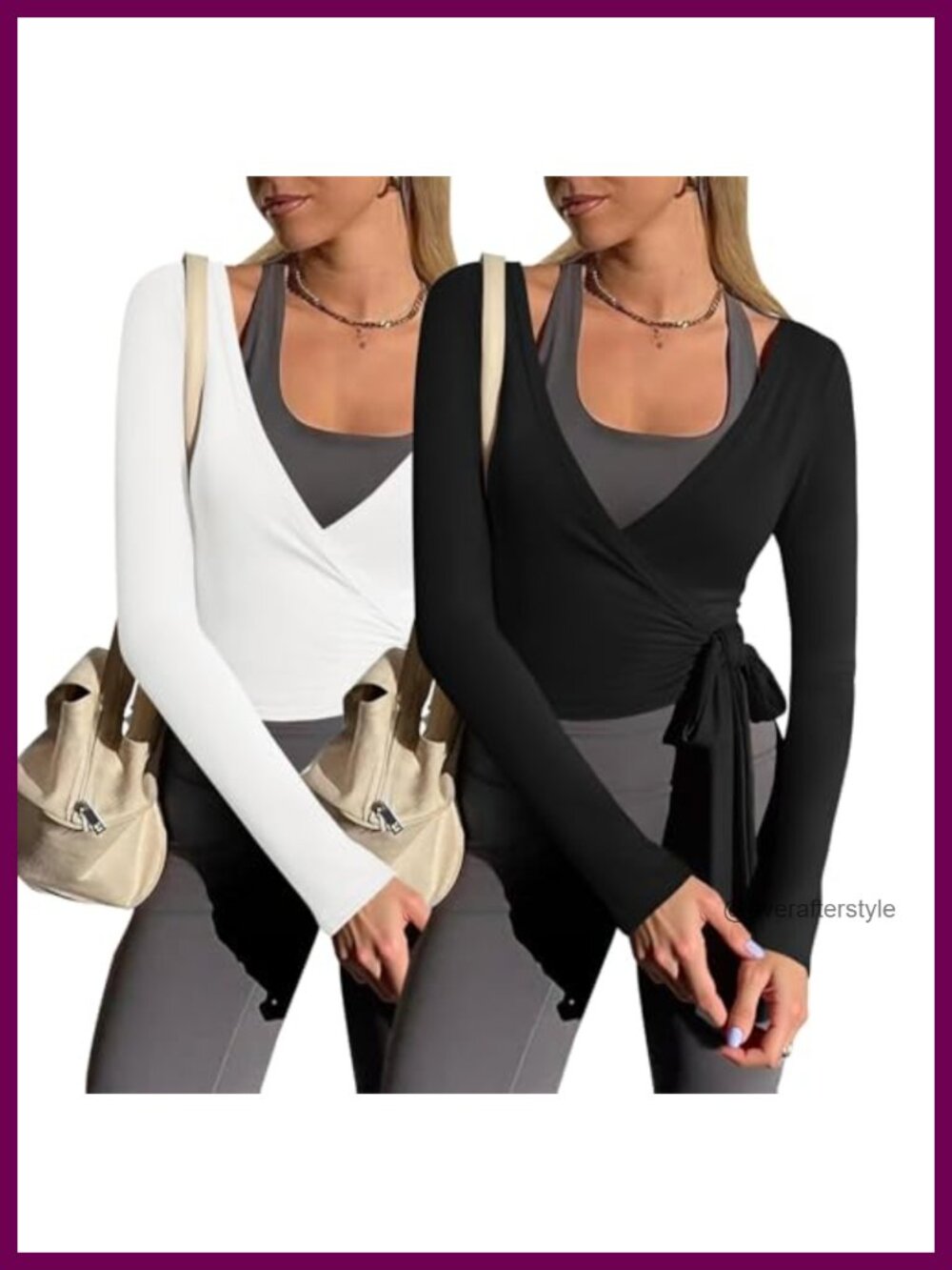 Yousify Wrap Tie Top Long Sleeve Deep V Neck Slim Fit Yoga Shirt